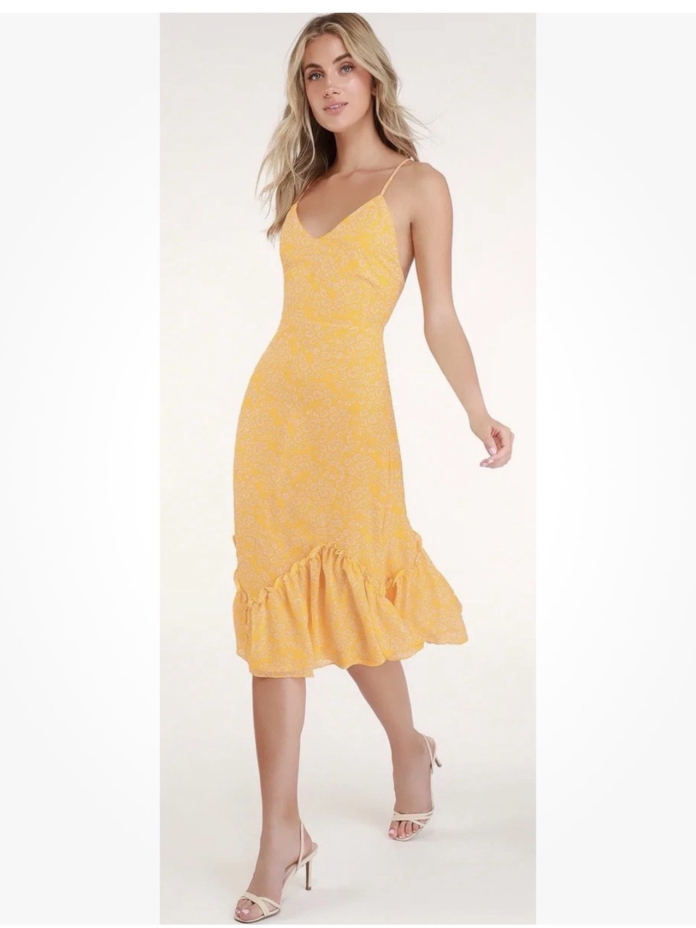Lulu’s Flirty Fleurs Yellow Floral Daisy Print Midi Dress Size XS Like New